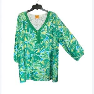 3/$45 Ruby Rd top retro abstract floral print crochet like detail boho blouse 2X
